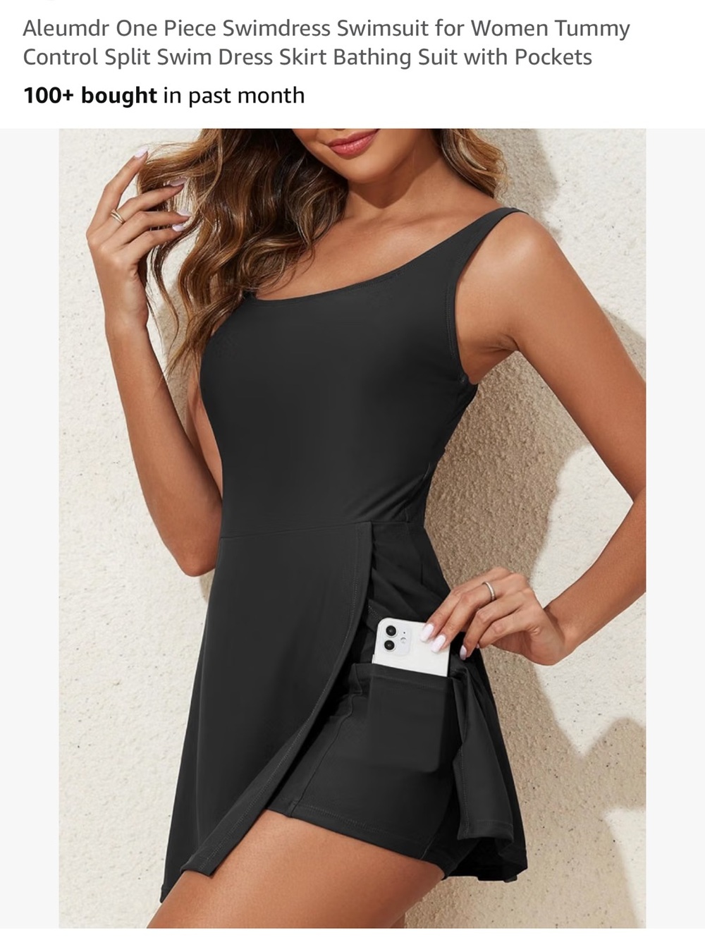 Sleeveless Black One-Piece Swimdress with Skirted Split and Pocket